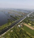 An aerial view of a flooded area in Pathum Thani province