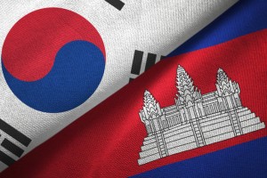 Cambodia and South Korea two flags together textile cloth, fabric texture