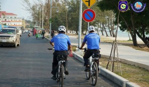 Preah Sihanouk police deploy bicycles to patrol along the beach. Police