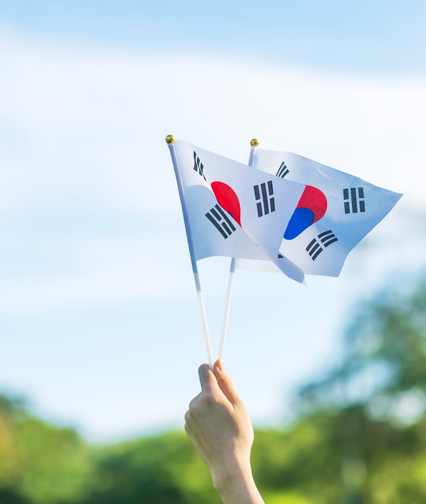 hand holding Korea flag on nature background. National Foundatio