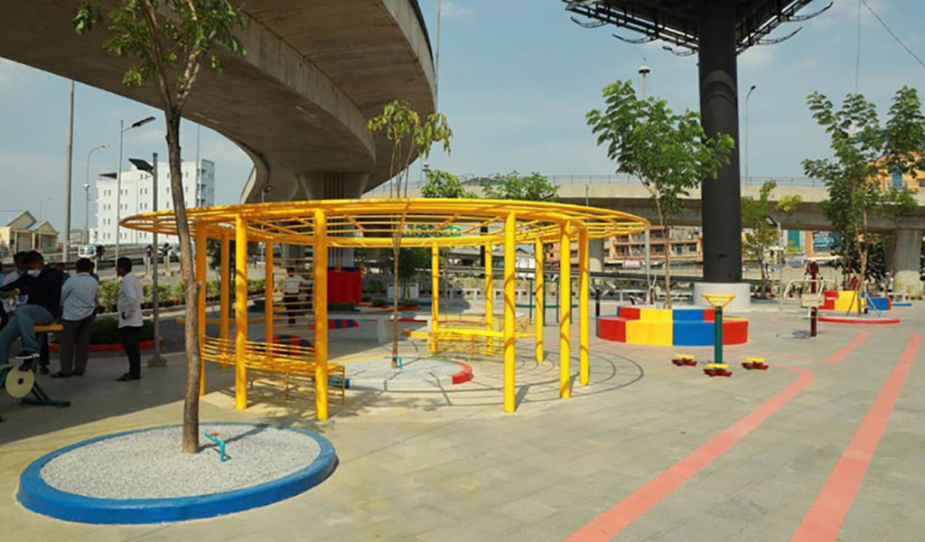 Park-playground-set-up-underneath-Phnom-Penh-bridge